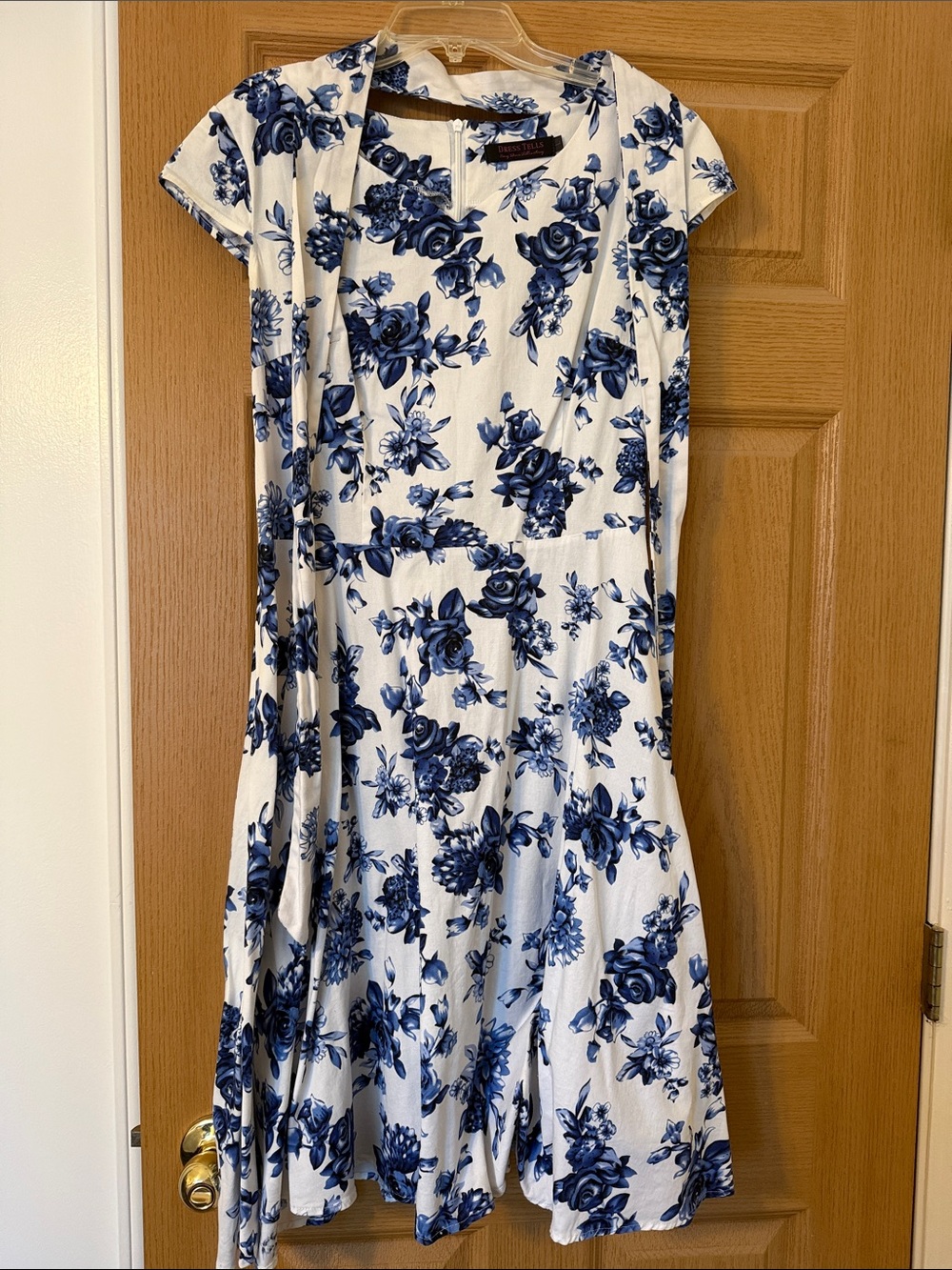 White & Blue Floral Midi Dress with Cap Sleeves